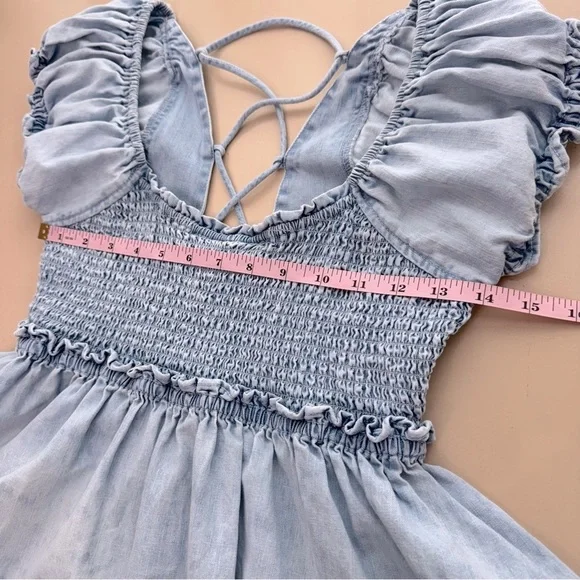 Free People Daphne Denim Babydoll Mini Dress Lace Up Back Size XS - Picture 6 of 13